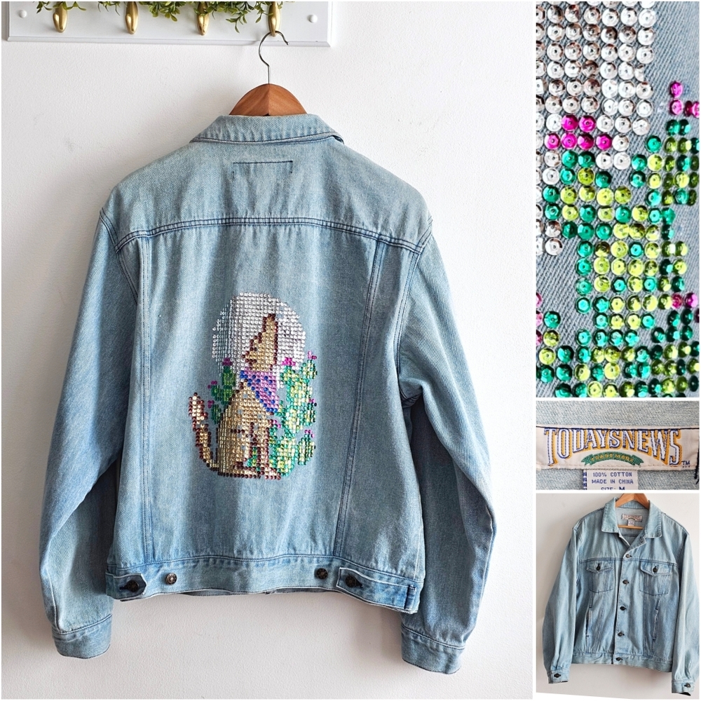 Vintage Western Sequin Coyote Moon Art Denim Jacket Desert Cactus Statement M - Picture 1 of 16